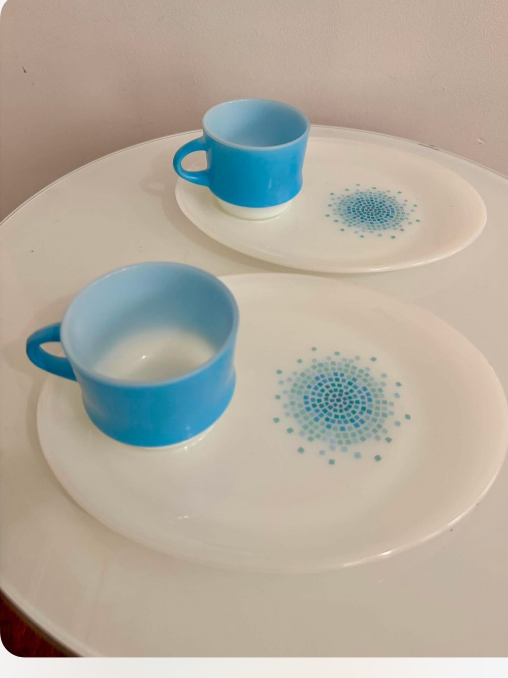 Fire King Blue Mosaic Snack Set/Soup & Salad milk glass 60s